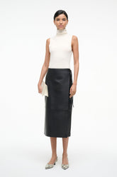 Black leather wrap midi skirt with center wrap and side tie strings