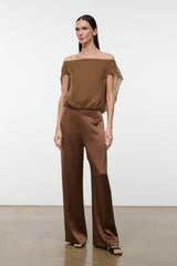 Cigar-brown off-shoulder draped top with gathered waist, short sleeves