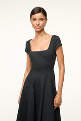 Black short-sleeve midi dress with square neckline, fitted bodice, gathered skirt