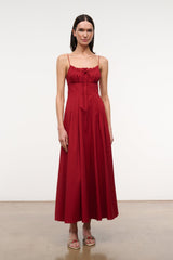 MARGI rouge red midi dress with ruffle-trimmed bodice and gathered seams