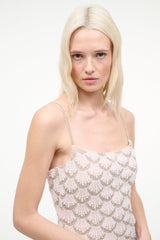 Pearl scallop-pattern mini dress with spaghetti straps and square neckline