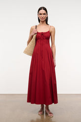MARGI rouge red midi dress with spaghetti straps and gathered, tiered skirt