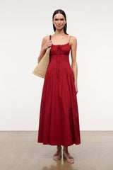 MARGI rouge red midi dress with spaghetti straps and gathered, tiered skirt