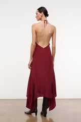Silk halter dress dark red with tied open-back straps and draped hem
