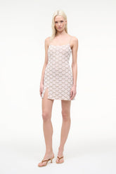 Pearl scallop-pattern mini dress with spaghetti straps, square neck, and front slit