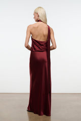 Wine satin halter maxi dress with open back and center seam, low scoop back.