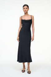 Black silk midi dress front view with spaghetti straps and cowl neckline detail