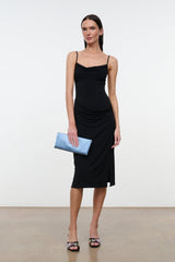 Black ruched midi dress with spaghetti straps and side drape