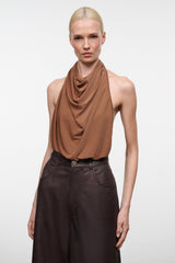 MONAY sleeveless bodysuit with draped halter neckline in cigar brown