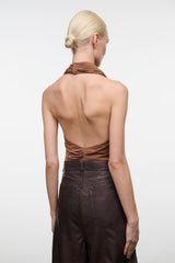 MONAY sleeveless bodysuit, back view with draped halter neck