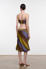 Silk midi skirt (back view) with elastic waist and tie, diagonal brown, navy, yellow stripes
