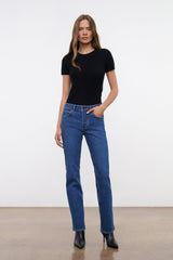 Stone blue straight stretch jeans on model, front view, straight leg