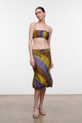 Silk midi skirt with elastic waist and tie, diagonal stripes in yellow, brown, and navy