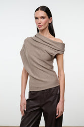 MABEL knit sweater, sesame taupe, draped off-shoulder neckline with cowl detail