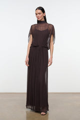 Dark brown high-neck sheer maxi dress with elastic waist and flowing pleated skirt