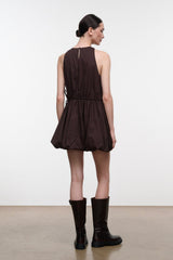 Dark brown sleeveless mini dress, back view, gathered waist with ruched skirt