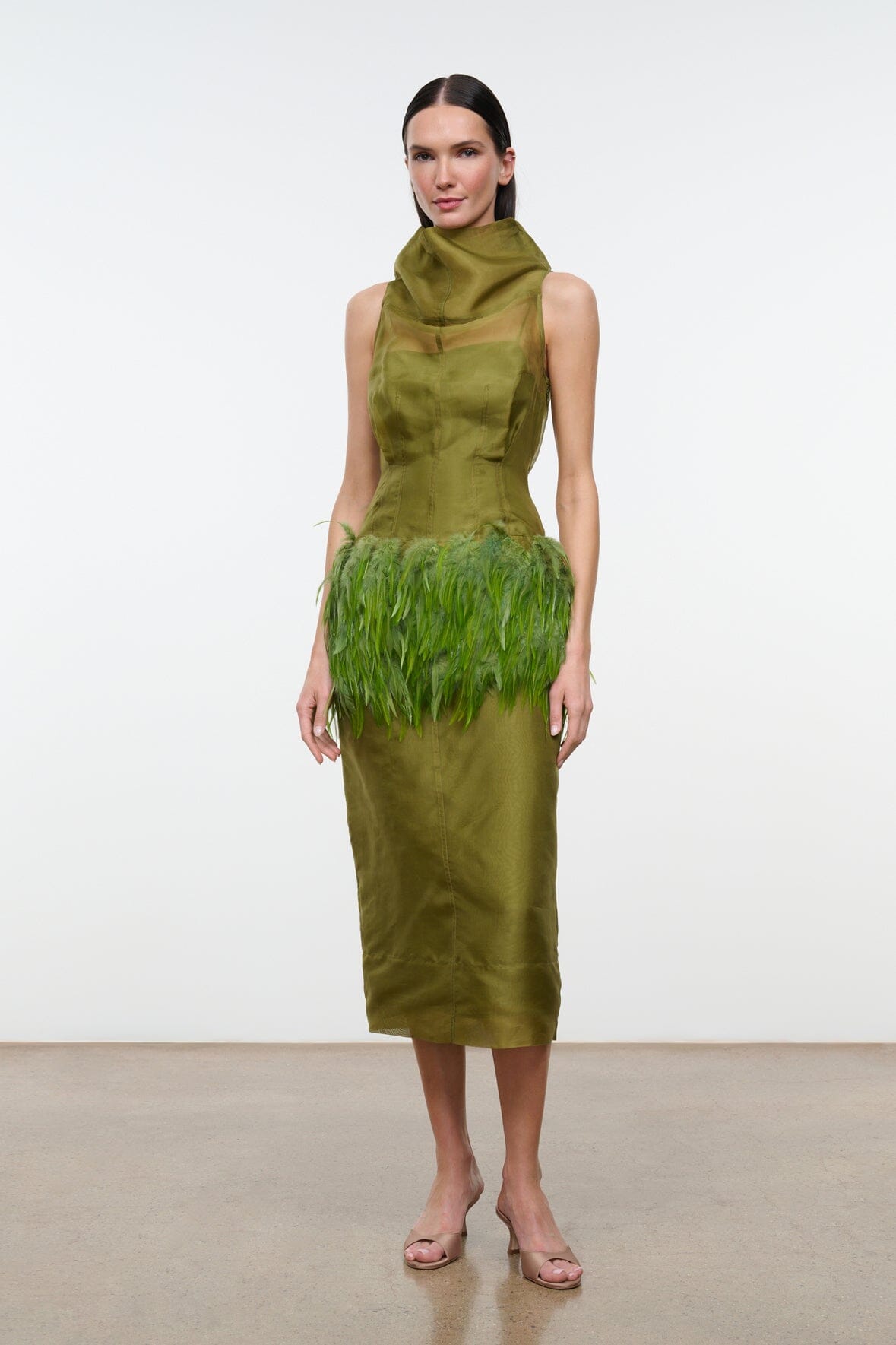BISOU olive green sleeveless midi dress with cowl neck and green feather fringe