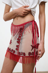 RIVA skirt by DA ADOLFO, red beadwork mini skirt with fringe and sheer side panels