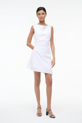 White sleeveless mini dress with structured waist and A-line skirt