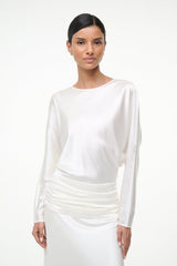 Ivory silk midi dress with long sleeves and ruched waist, front view