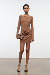 Women's brown draped long-sleeve mini dress with gathered side detail