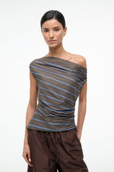 Front view off-shoulder striped draped top, dark with blue horizontal stripes