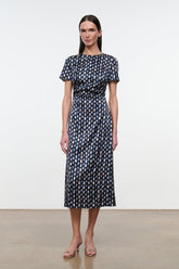 Silk midi dress with allover multicolor print, short sleeves, belted waist