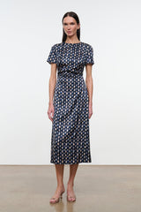 Silk midi dress with allover multicolor print, short sleeves, belted waist
