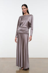Silk dress in zinc with long sleeves, draped waist ruching, floor-length skirt