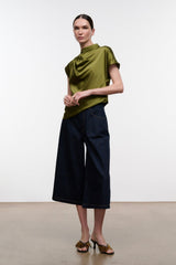 Olive green satin silk mock-neck short-sleeve top with draped detail