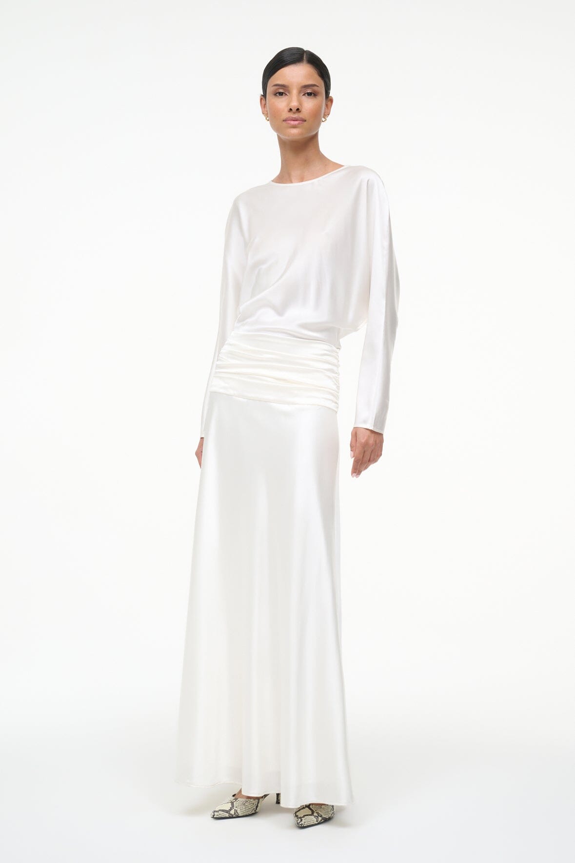 Ivory silk midi dress with long sleeves and gathered waist, full view