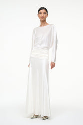 Ivory silk midi dress with long sleeves and gathered waist, full view