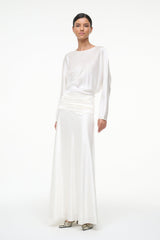 Ivory silk midi dress with long sleeves and gathered waist, full view