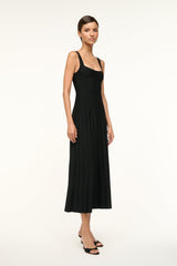 Black sleeveless midi dress with scoop neckline and gathered pleats