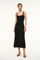 Black sleeveless midi dress with square neckline and vertical pleats