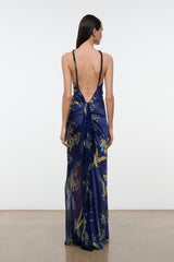 Dark blue silk halter maxi dress with gold tapestry print, open back and tie