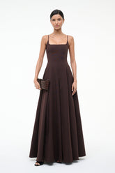 JOY maxi dress dark brown, square neckline, thin straps, pleated A-line skirt