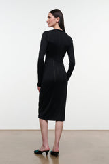 Black fitted midi sheath dress, long sleeves, rounded back neckline
