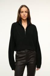 Black cropped cashmere sweater with quarter-zip and ribbed collar