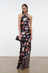 Silk halter maxi dress with multicolor swirl and circle print, side view