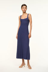 Navy sleeveless square-neck knit midi dress with pleated skirt