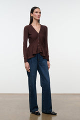 Jamie top dark brown V-neck button front, long sleeves, peplum hem