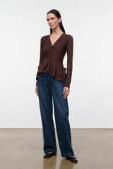 Jamie top dark brown V-neck button front, long sleeves, slightly flared peplum hem