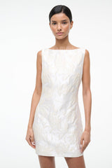 Ivory sleeveless mini dress with textured leaf print, straight hem.