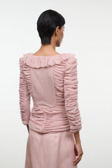 Sandrose pale pink ruched mini top with gathered back ruffle shoulders and draped panel