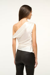 Ivory silk one-shoulder draped top, open back view