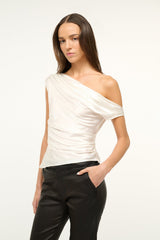 Ivory one-shoulder silk top with asym neckline and gathered side waist