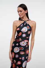 Silk halter dress on black base with multicolor circular paisley print