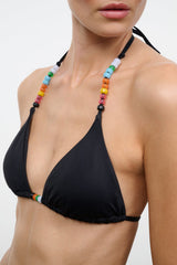 Black triangle bikini top with multicolor beaded tie straps at the neckline.