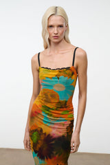 Sleeveless fitted midi dress with spaghetti straps, lace trim, multicolor floral print